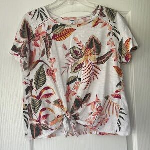 Old Navy White Short Sleeve Tie-Front Top with Tropical Floral Print